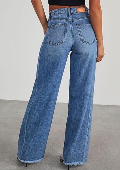 Wide Leg Jeans for Women Trendy High Waisted Stretchy Baggy Raw Hem Denim Palazzo Pants with Pockets