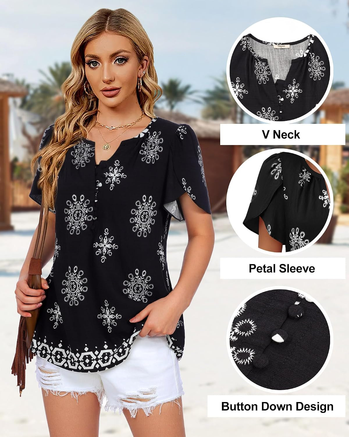 Womens Summer Tops Boho Short Sleeve Business Casual Blouses Button down Floral Shirts Fashion Beach Vacation Clothes