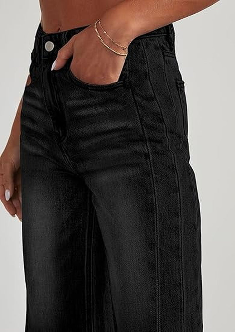Wide Leg Jeans for Women Trendy High Waisted Stretchy Baggy Raw Hem Denim Palazzo Pants with Pockets