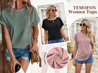 Summer Short Sleeve T Shirts for Women Casual Loose Tunic Tops Comfortable Crew Neck Tops for Womens Clothes Eyelet Embroidery Blouses Shirts