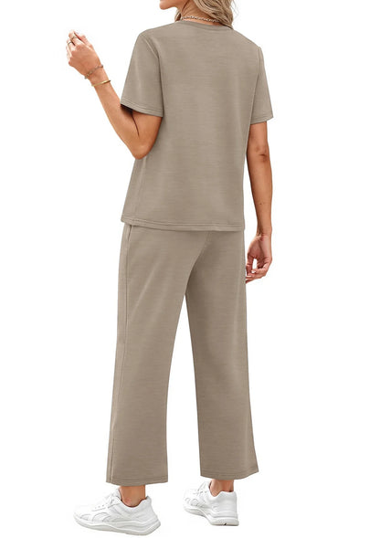 2 Piece Sets for Women Casual Summer Travel Vacation Outfits Short Sleeve Tops Wide Leg Pants Lounge Sets