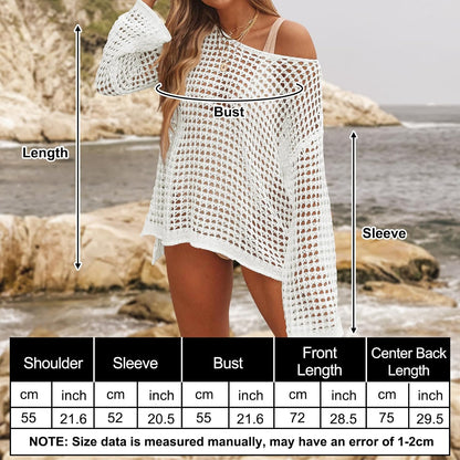 Swimsuit Coverup for Women, Crochet Beach Swimwear Cover up | Bathing Suit Bikini Cover Ups, Mesh Hollow Out Fabric, Loose Fit, Knit Long Sleeve, Suitable for Summer Vacation Outfits
