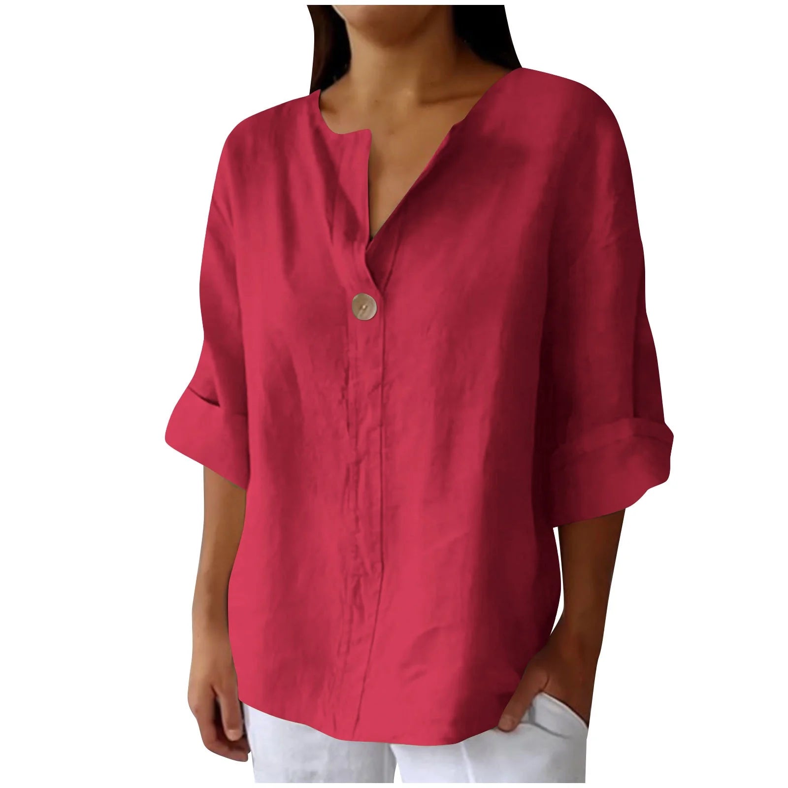 Women'S Fashion Summer V Neck Leisure Three-Quarter Sleeve Solid Gift for Girls Watermelon Red M