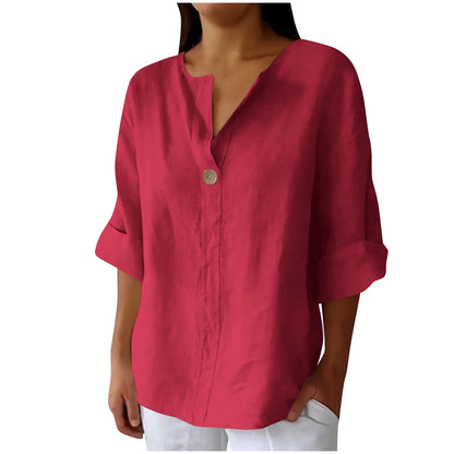 Women'S Fashion Summer V Neck Leisure Three-Quarter Sleeve Solid Gift for Girls Watermelon Red M