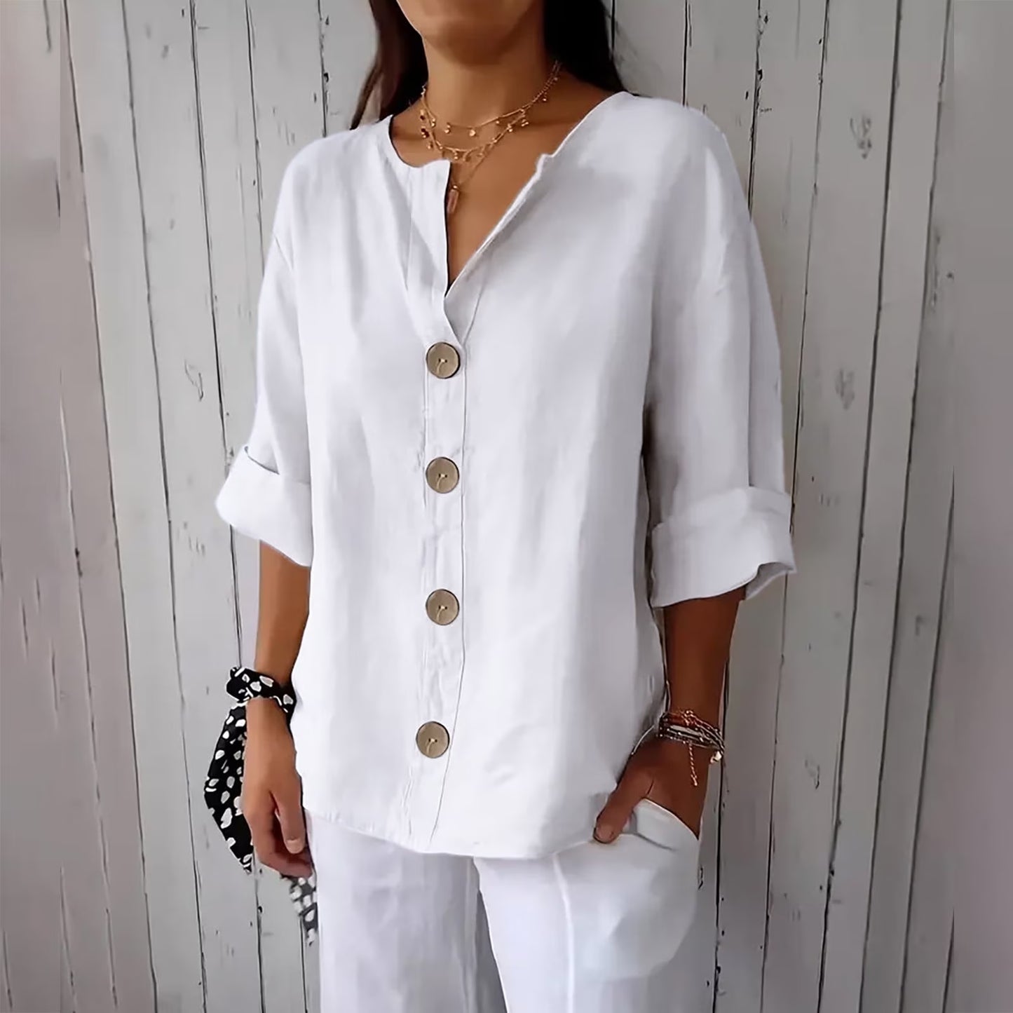 Women'S New Solid Color V-Neck Quarter 3/4 Sleeve Loose Cotton and Linen Button up Top Beach Vacation Clothes for Women White XXXL