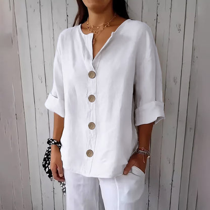 Women'S New Solid Color V-Neck Quarter 3/4 Sleeve Loose Cotton and Linen Button up Top Beach Vacation Clothes for Women White XXXL