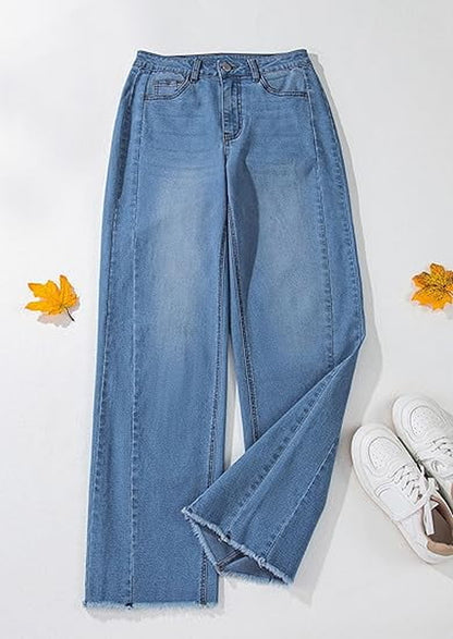 Wide Leg Jeans for Women Trendy High Waisted Stretchy Baggy Raw Hem Denim Palazzo Pants with Pockets