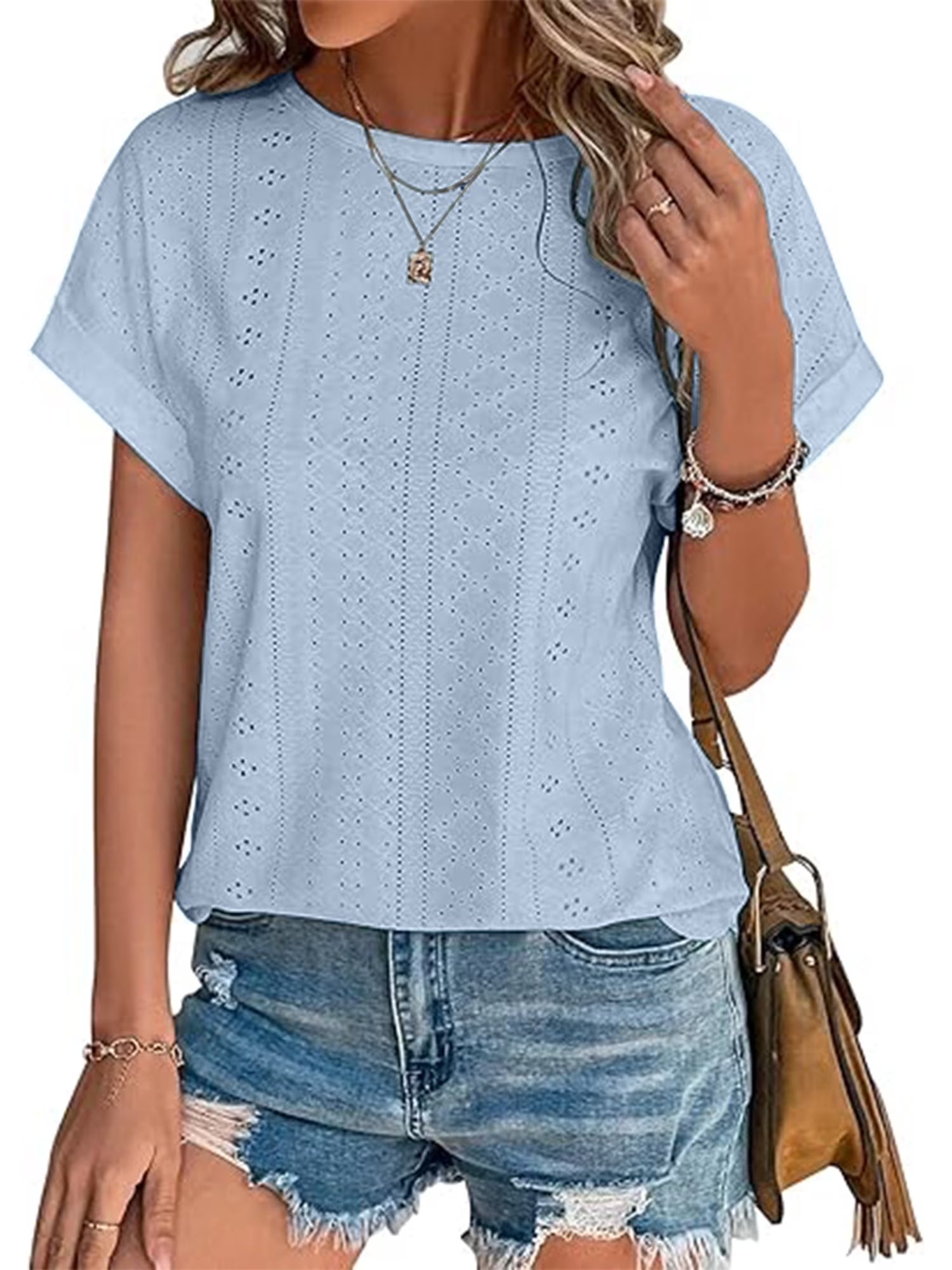 Summer Short Sleeve T Shirts for Women Casual Loose Tunic Tops Comfortable Crew Neck Tops for Womens Clothes Eyelet Embroidery Blouses Shirts