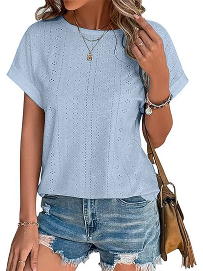 Summer Short Sleeve T Shirts for Women Casual Loose Tunic Tops Comfortable Crew Neck Tops for Womens Clothes Eyelet Embroidery Blouses Shirts