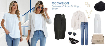 Pleated Blouses for Women Dressy Casual Tops Business Work Shirts Ruffle Sleeve Crew Neck Summer Outfits