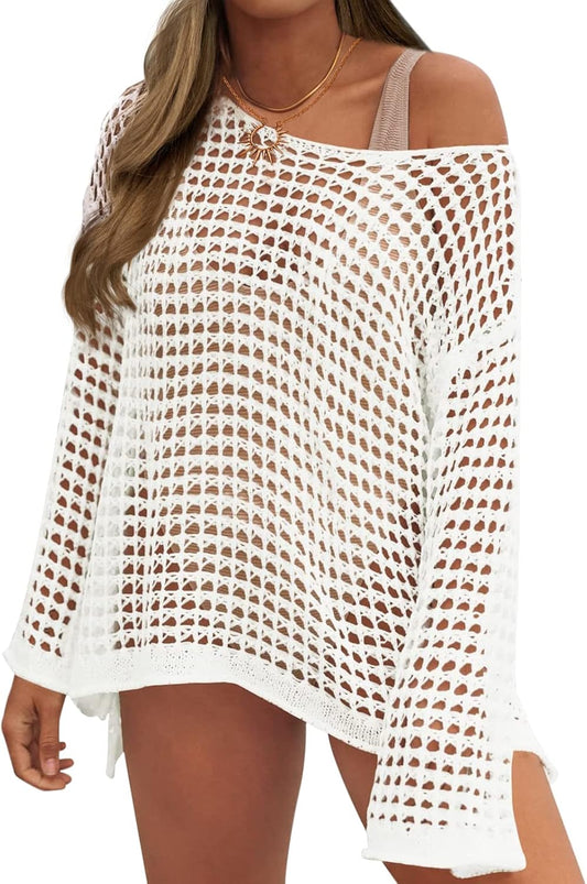 Swimsuit Coverup for Women, Crochet Beach Swimwear Cover up | Bathing Suit Bikini Cover Ups, Mesh Hollow Out Fabric, Loose Fit, Knit Long Sleeve, Suitable for Summer Vacation Outfits