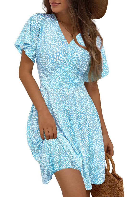 Summer Dresses for Women Short Sleeve V Neck A-Line Midi Dress Boho Beach Floral Print Sundress