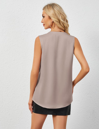 Women'S Silk Tank Tops V Neck Pleated Sleeveless Satin Blouses Spring Business Work Shirts