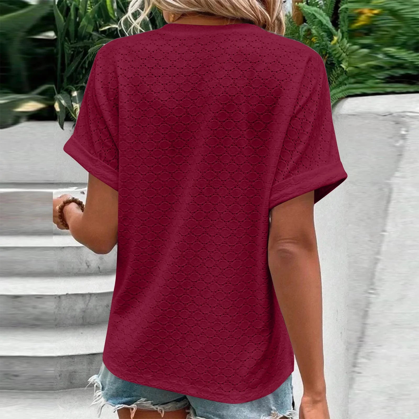 Summer Women Blouses  Summer Tops for Women'S Fashion Casual Solid Color Button V Neck T-Shirt Tops Blouse for Women Wine S