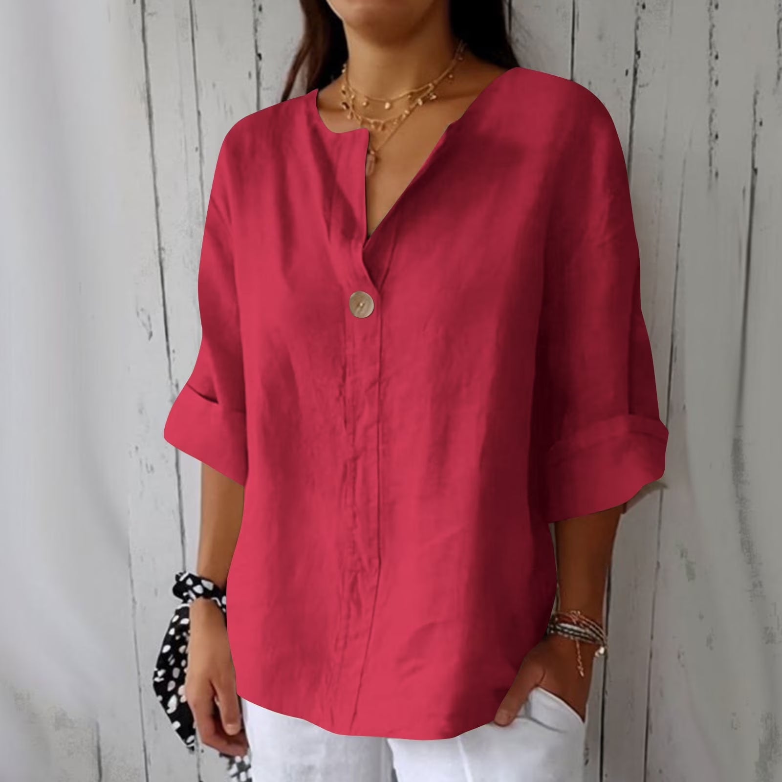 Women'S Fashion Summer V Neck Leisure Three-Quarter Sleeve Solid Gift for Girls Watermelon Red M