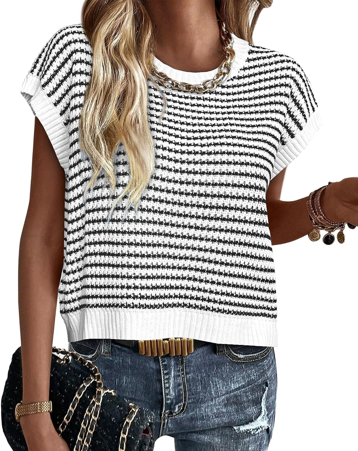 Women'S Striped Short Sleeve Sweater Vest | Summer Lightweight Sweaters,Round Neck Cap Sleeve Pullover,Spring Work Knit Top,Ladies Business Casual,Trendy Teacher Outfits