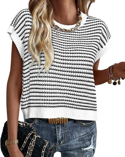 Women'S Striped Short Sleeve Sweater Vest | Summer Lightweight Sweaters,Round Neck Cap Sleeve Pullover,Spring Work Knit Top,Ladies Business Casual,Trendy Teacher Outfits