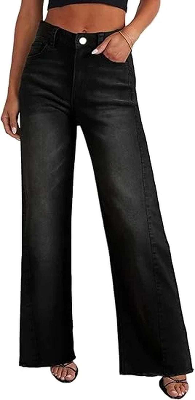 Wide Leg Jeans for Women Trendy High Waisted Stretchy Baggy Raw Hem Denim Palazzo Pants with Pockets