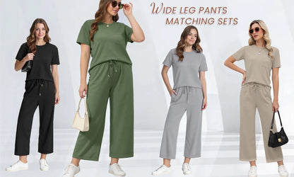 2 Piece Sets for Women Casual Summer Travel Vacation Outfits Short Sleeve Tops Wide Leg Pants Lounge Sets