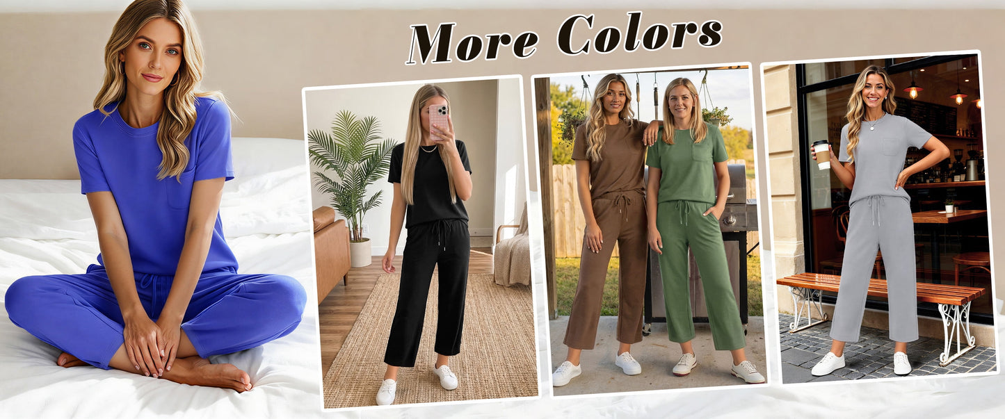 2 Piece Sets for Women Casual Summer Travel Vacation Outfits Short Sleeve Tops Wide Leg Pants Lounge Sets