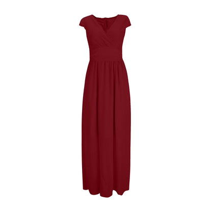 plus Size Womens Dresses Women'S V-Neck Solid Color Short Sleeve Chiffon Waist Closing Evening Dress