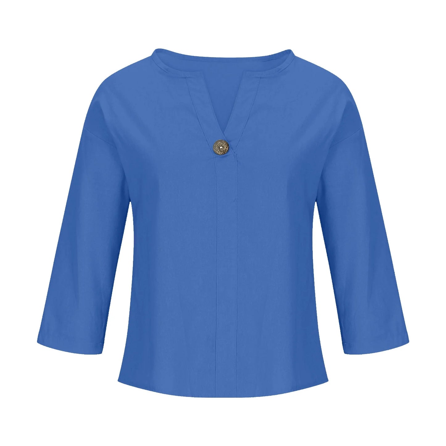 Women'S Fashion Summer V Neck Leisure Three-Quarter Sleeve Solid Women Beach Fashion Blue XL