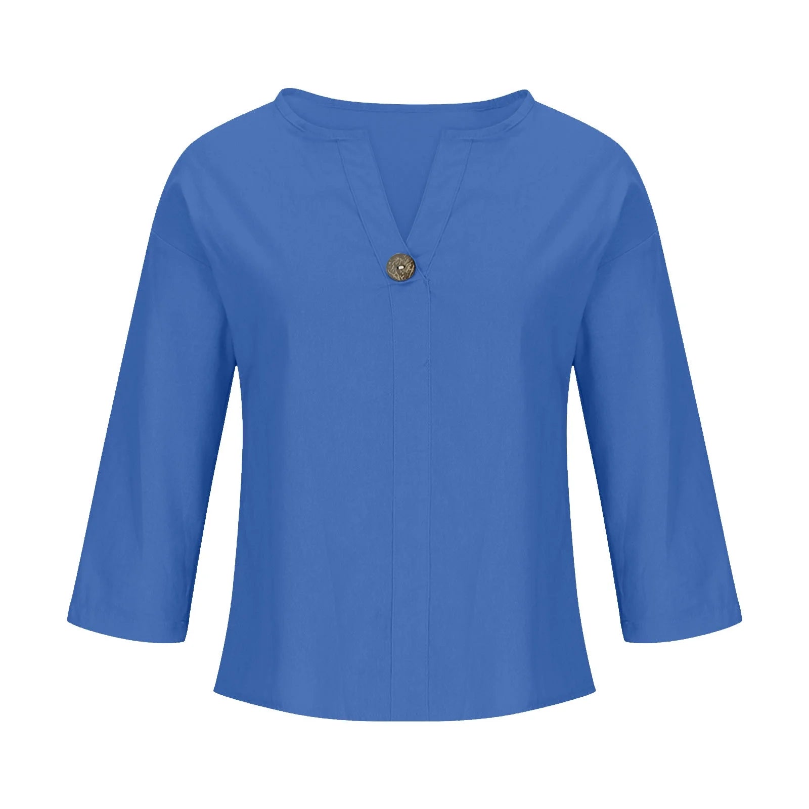 Women'S Fashion Summer V Neck Leisure Three-Quarter Sleeve Solid Women Beach Fashion Blue XL