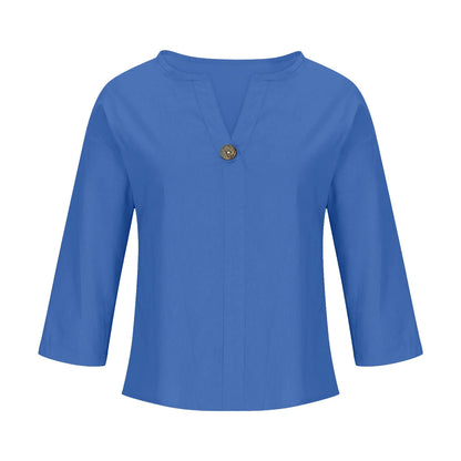 Women'S Fashion Summer V Neck Leisure Three-Quarter Sleeve Solid Women Beach Fashion Blue XL