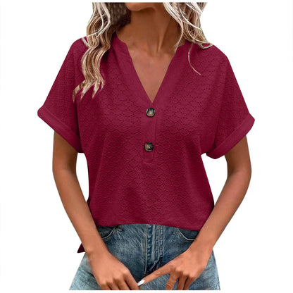 Summer Women Blouses  Summer Tops for Women'S Fashion Casual Solid Color Button V Neck T-Shirt Tops Blouse for Women Wine S