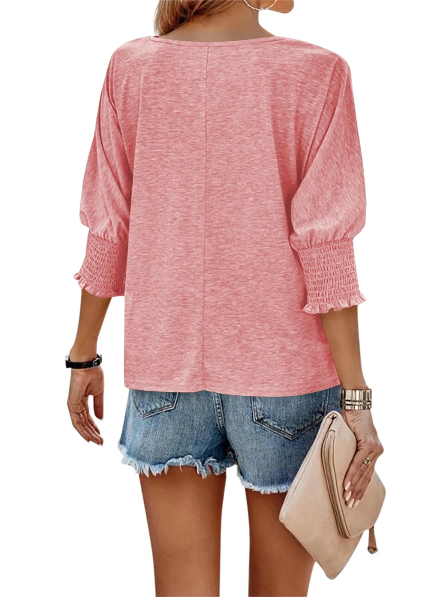 Blouses for Women Dressy Casual 3/4 Length Sleeve Womens Tops with Smocked Cuffs Fashion Shirts Womens Clothes Basic Business Shirts Crewneck