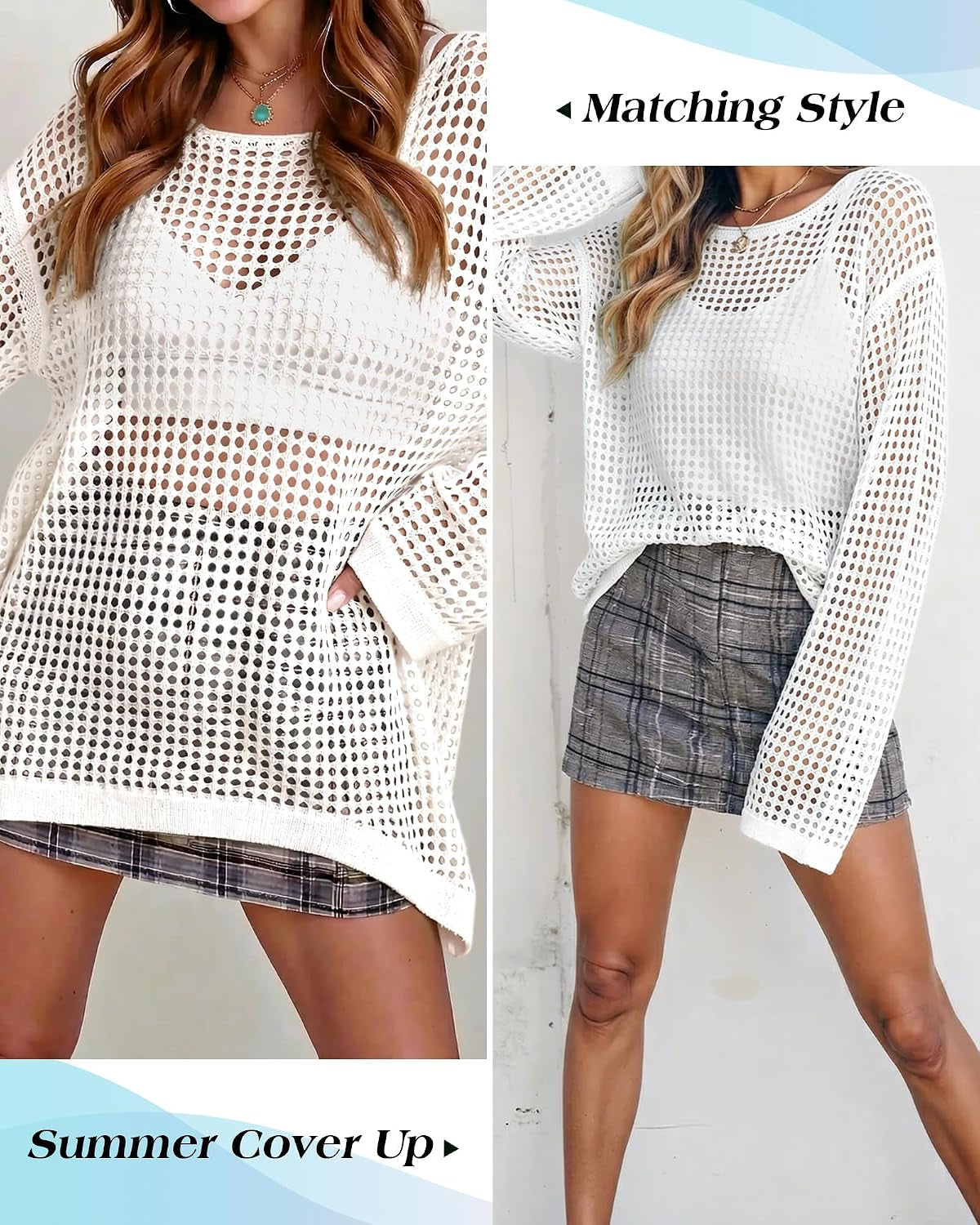 Swimsuit Coverup for Women, Crochet Beach Swimwear Cover up | Bathing Suit Bikini Cover Ups, Mesh Hollow Out Fabric, Loose Fit, Knit Long Sleeve, Suitable for Summer Vacation Outfits