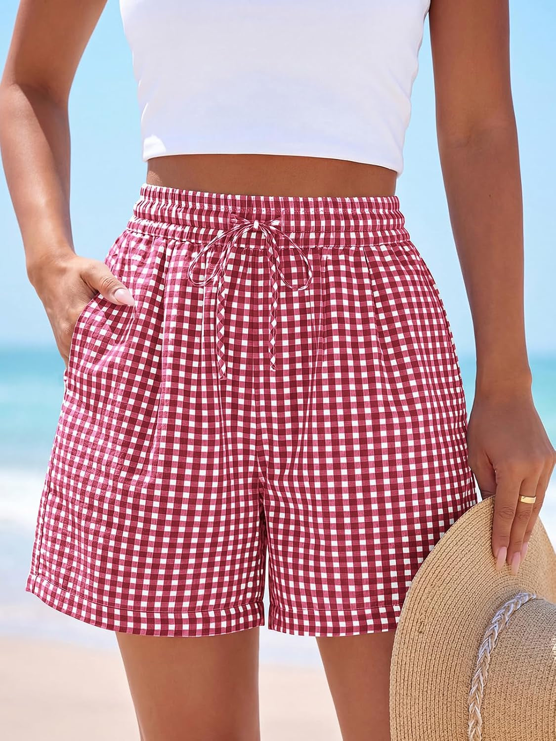 Elastic Waist Summer Shorts for Women with Pockets | Soft Textured Cute Pajama Bottoms with Pockets, Striped Plaid Floral, Trendy 2026 Y2K Outfits, Travel Beach Vacation Clothes
