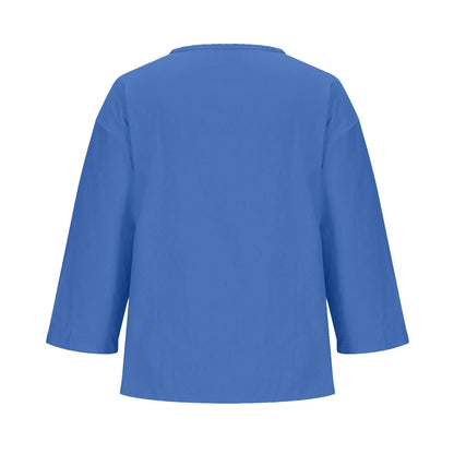 Women'S Fashion Summer V Neck Leisure Three-Quarter Sleeve Solid Women Beach Fashion Blue XL