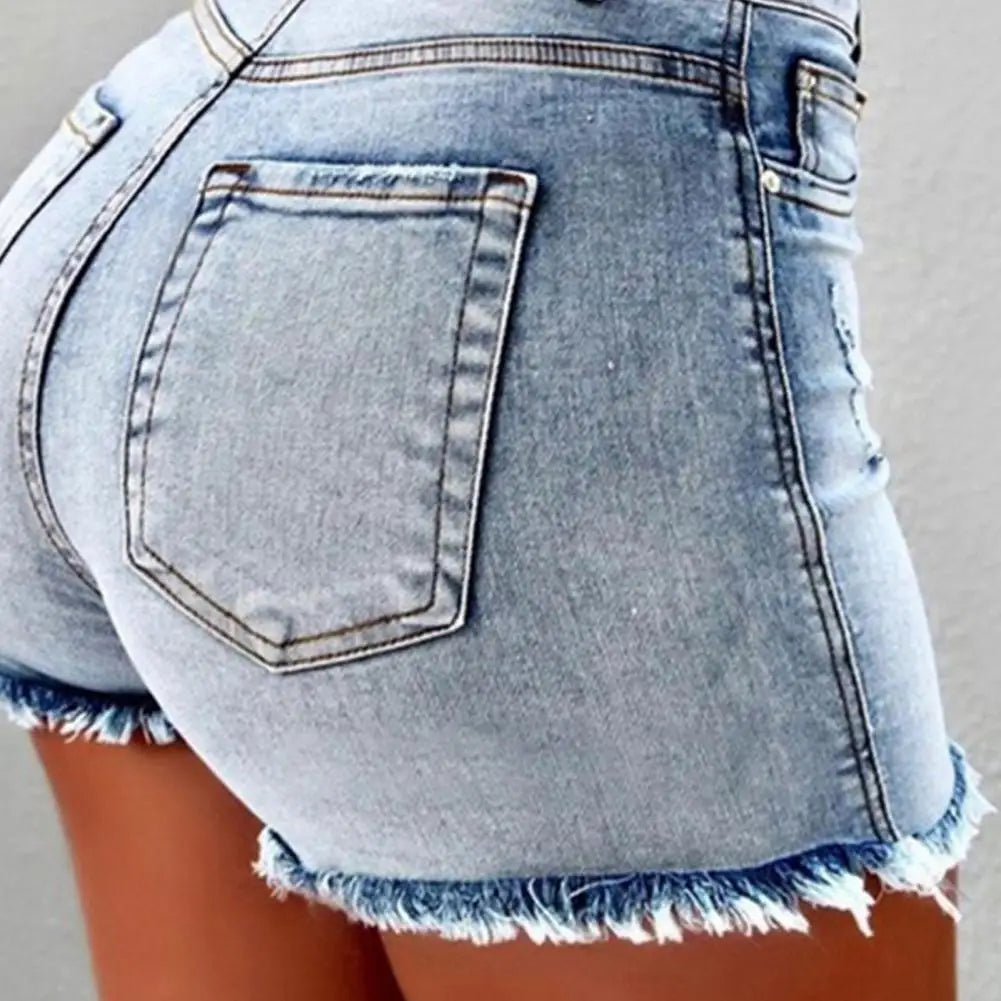 2025 Retro Distressed Ripped Edge Women Shorts High Waist Washed Butt-Lifted Slim Fit Side Pockets Casual Club Party Short Pants