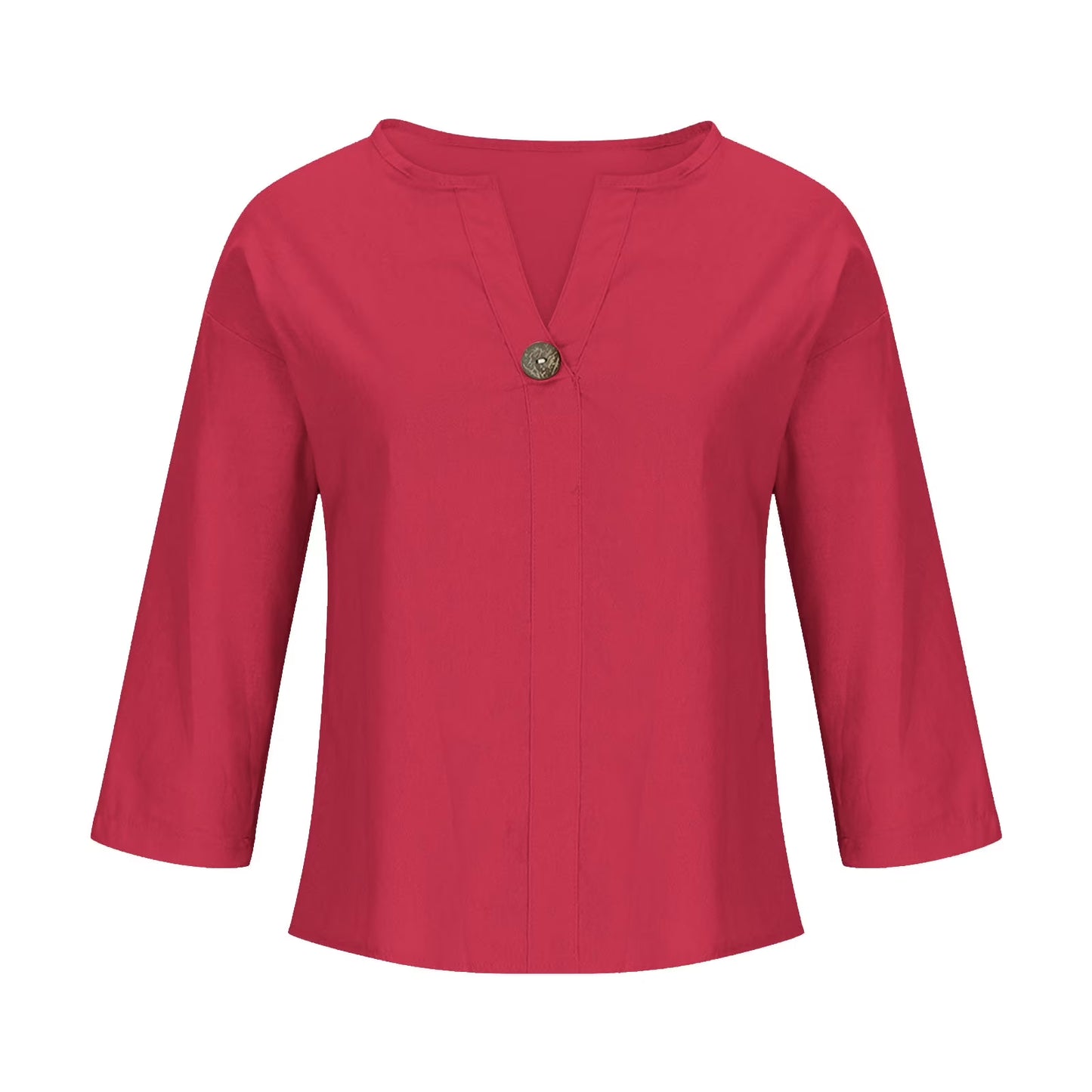 Women'S Fashion Summer V Neck Leisure Three-Quarter Sleeve Solid Gift for Girls Watermelon Red M