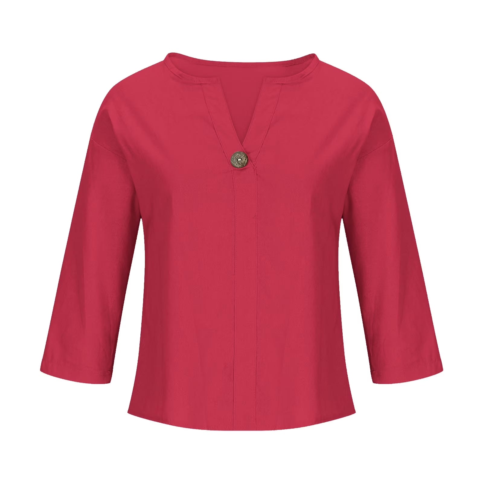Women'S Fashion Summer V Neck Leisure Three-Quarter Sleeve Solid Gift for Girls Watermelon Red M