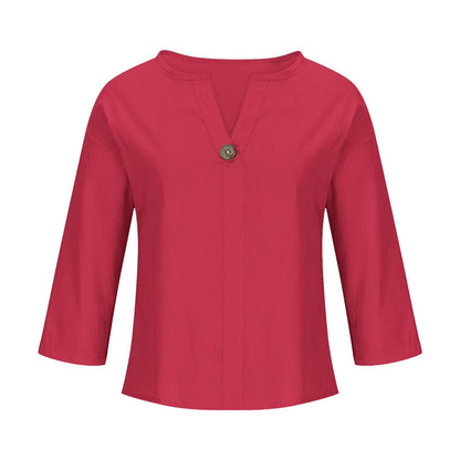 Women'S Fashion Summer V Neck Leisure Three-Quarter Sleeve Solid Gift for Girls Watermelon Red M
