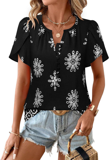 Womens Summer Tops Boho Short Sleeve Business Casual Blouses Button down Floral Shirts Fashion Beach Vacation Clothes