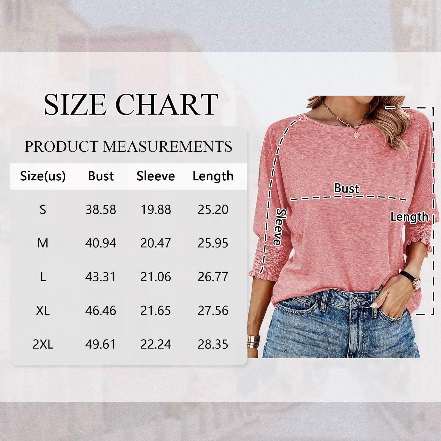 Blouses for Women Dressy Casual 3/4 Length Sleeve Womens Tops with Smocked Cuffs Fashion Shirts Womens Clothes Basic Business Shirts Crewneck