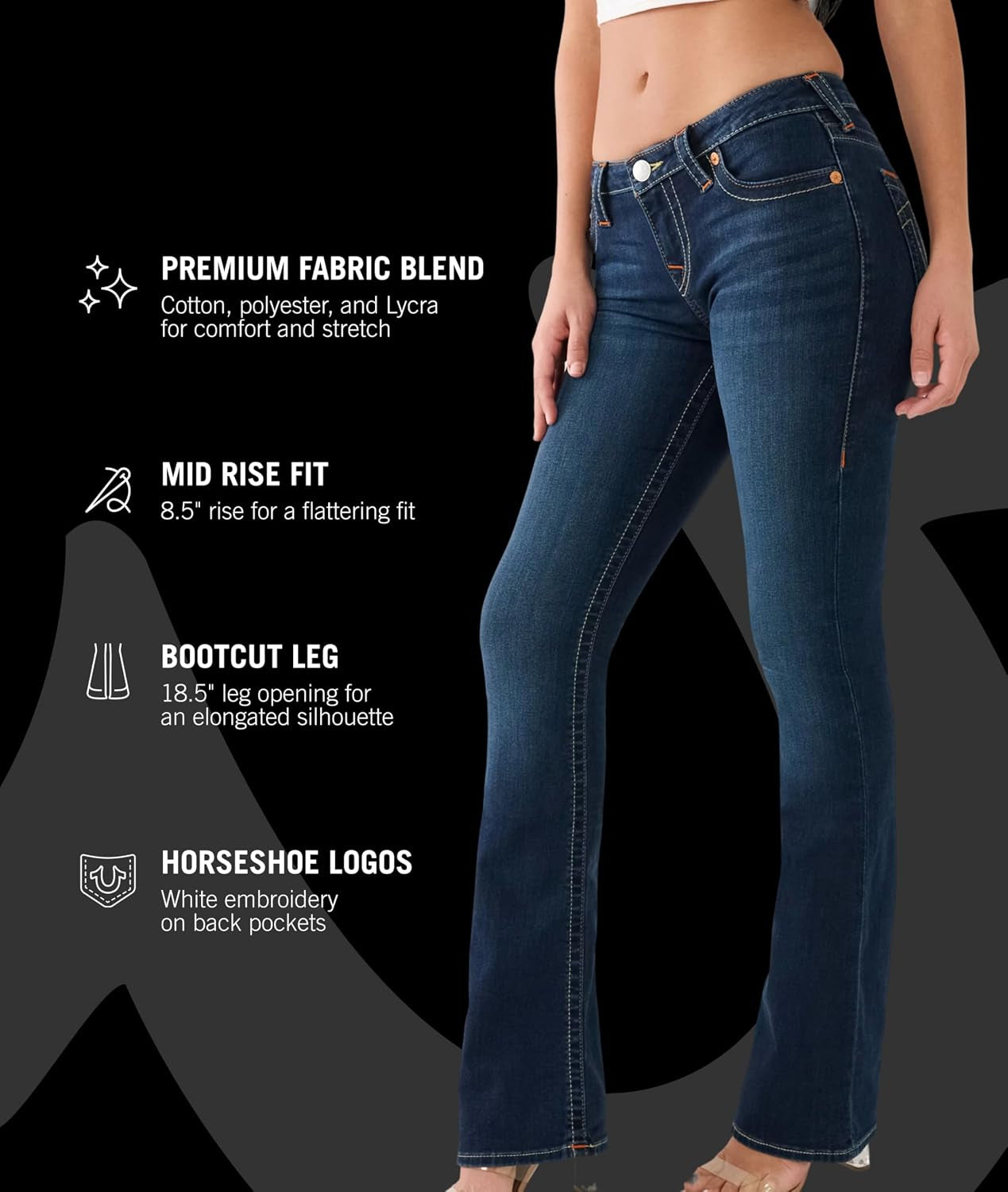True Religion Women’S Becca Mid Rise Bootcut Jeans – Premium Stretch Denim, Flattering Ladies Jeans