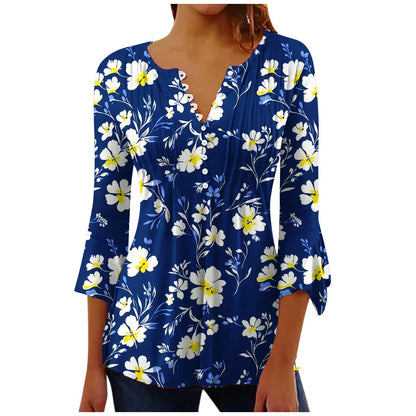Ofertas En 3/4 Length Sleeve Womens Tops Button down V Neck T Shirts Floral Summer Tunic Ladies Tops Elegant Dressy Casual Blouses Fashion Vacation Tee Shirts Ropa Mujer