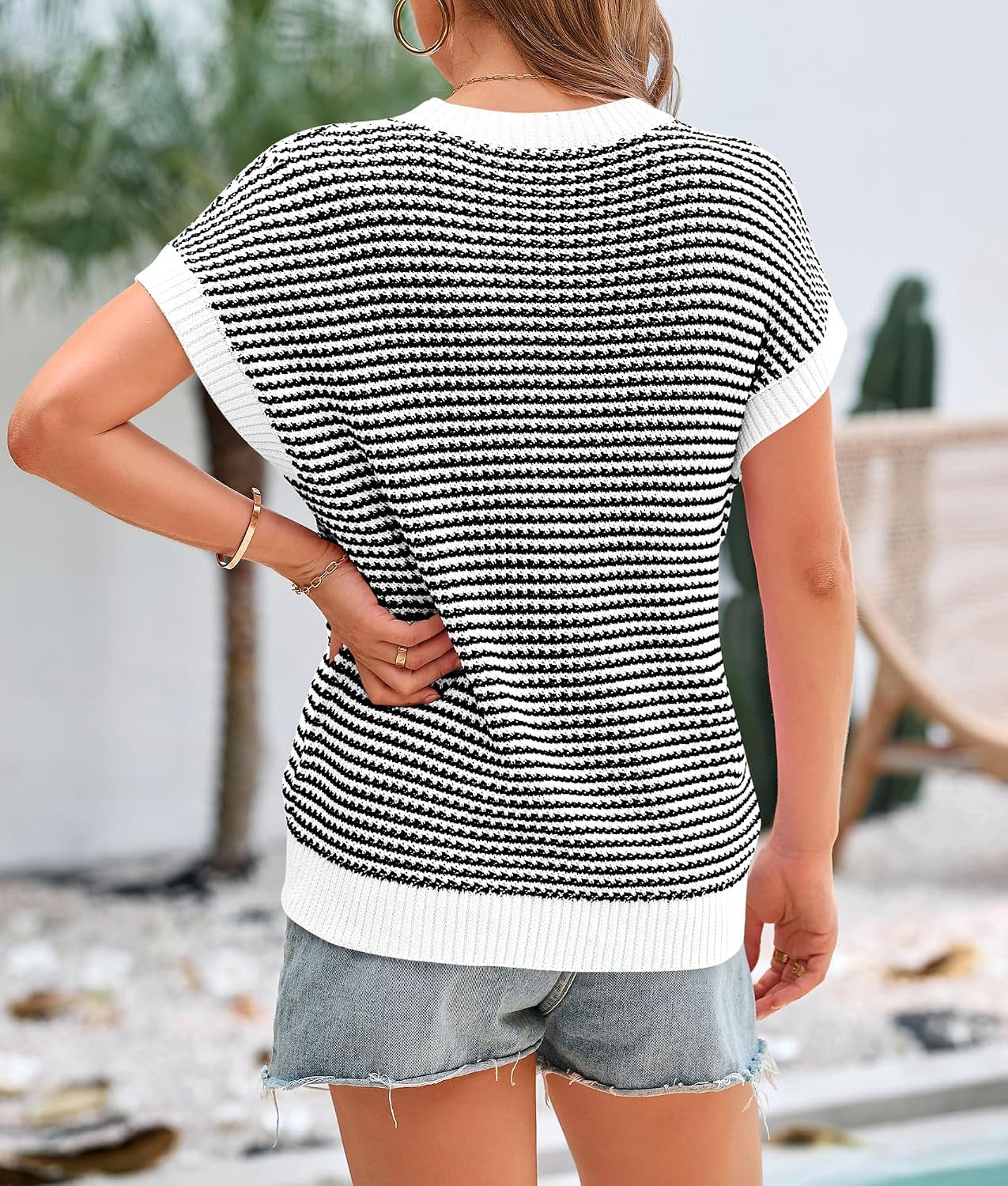 Women'S Striped Short Sleeve Sweater Vest | Summer Lightweight Sweaters,Round Neck Cap Sleeve Pullover,Spring Work Knit Top,Ladies Business Casual,Trendy Teacher Outfits