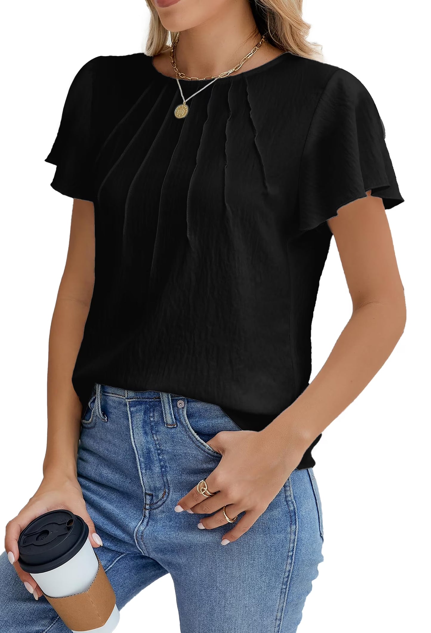 Pleated Blouses for Women Dressy Casual Tops Business Work Shirts Ruffle Sleeve Crew Neck Summer Outfits