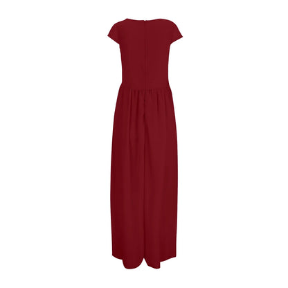 plus Size Womens Dresses Women'S V-Neck Solid Color Short Sleeve Chiffon Waist Closing Evening Dress
