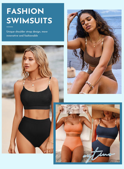 Women'S Bikini Sets 2 Piece Swimsuit High Waisted Bathing Suits for Women Scoop Neck Adjustable Shell Strap Bikini Swimwear Coffee XL