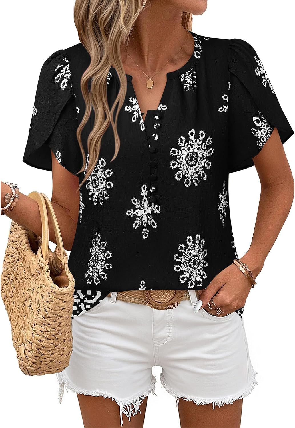 Womens Summer Tops Boho Short Sleeve Business Casual Blouses Button down Floral Shirts Fashion Beach Vacation Clothes