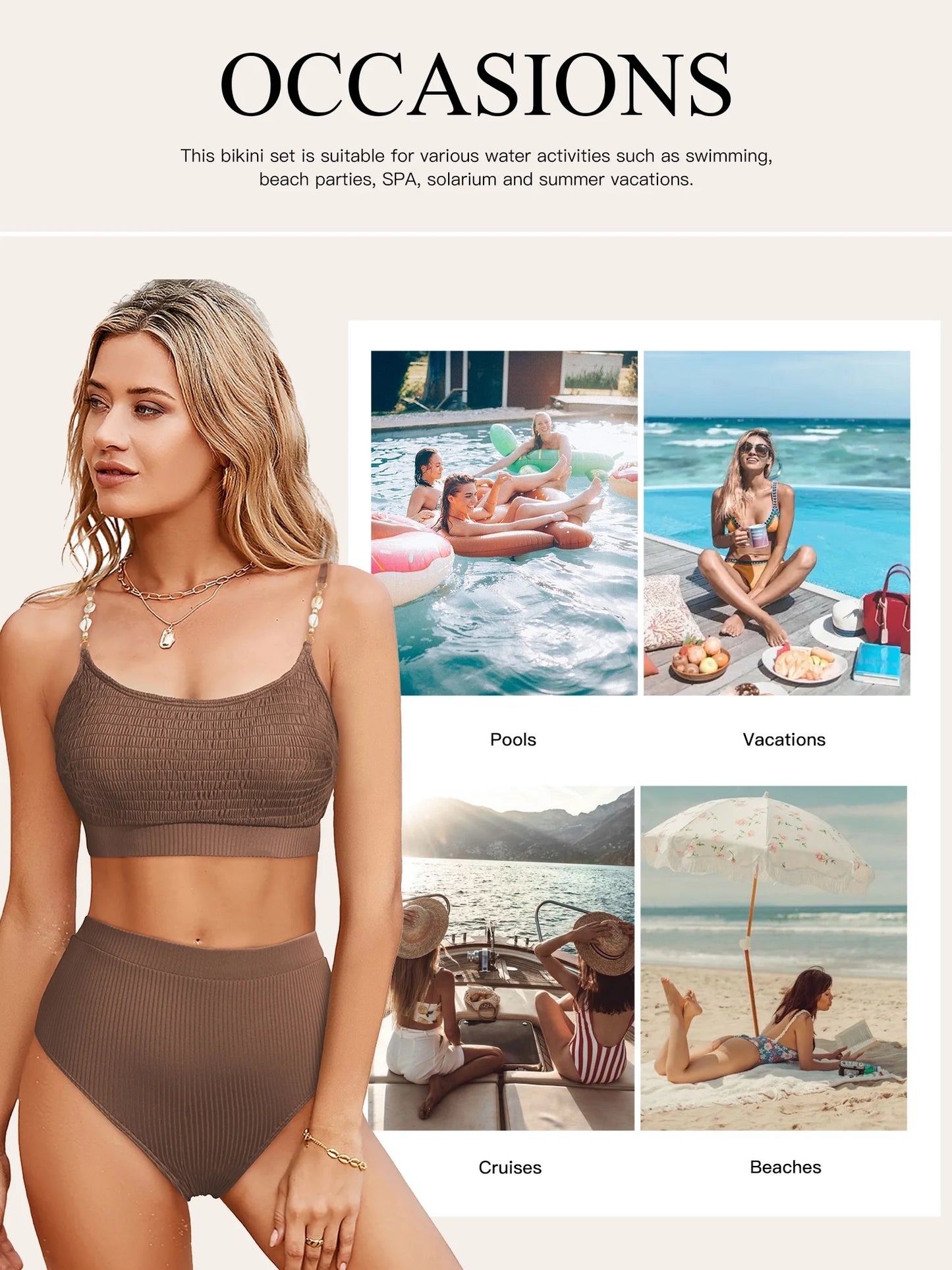 Women'S Bikini Sets 2 Piece Swimsuit High Waisted Bathing Suits for Women Scoop Neck Adjustable Shell Strap Bikini Swimwear Coffee XL