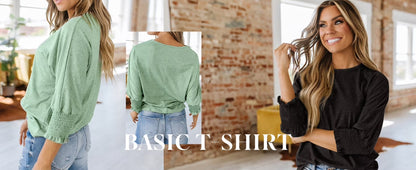 Blouses for Women Dressy Casual 3/4 Length Sleeve Womens Tops with Smocked Cuffs Fashion Shirts Womens Clothes Basic Business Shirts Crewneck