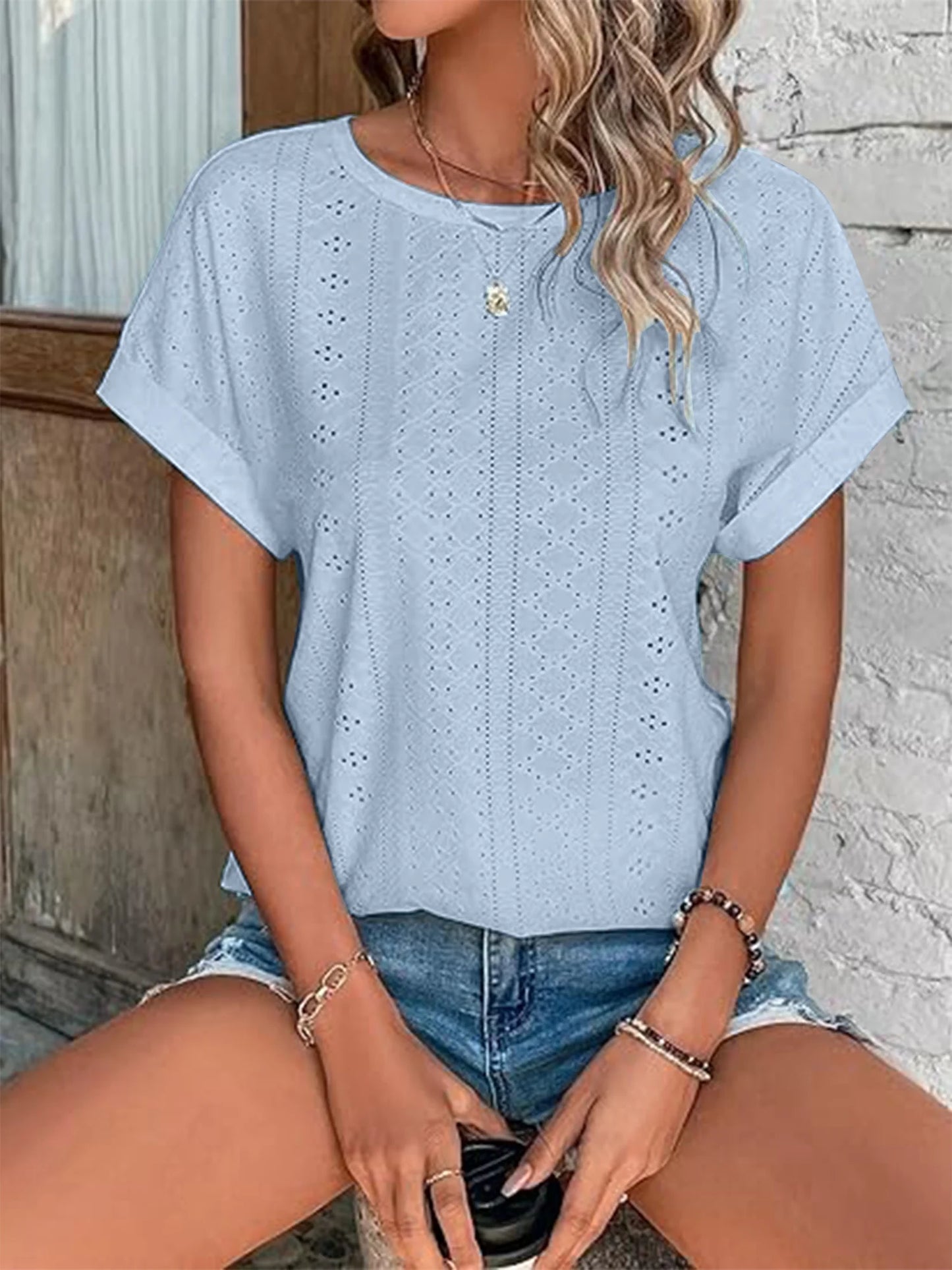 Summer Short Sleeve T Shirts for Women Casual Loose Tunic Tops Comfortable Crew Neck Tops for Womens Clothes Eyelet Embroidery Blouses Shirts