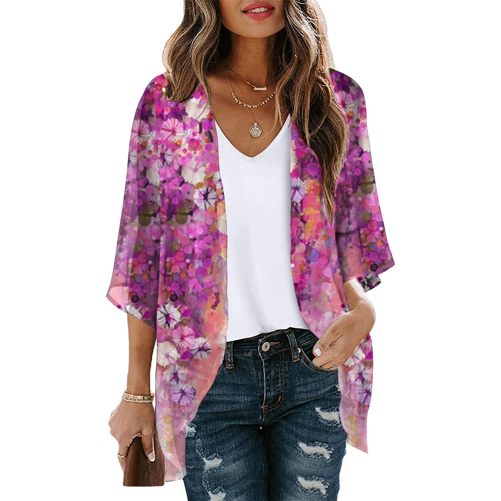 Dyegold Women'S Beach Kimono Coverup Sheer Chiffon Cover Ups Casual Loose 3/4 Sleeve Floral Open Front Boho Cardigan Tops